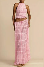 Sexy Lace Trim Halter Open Back Ruched Skirt Sets image 10