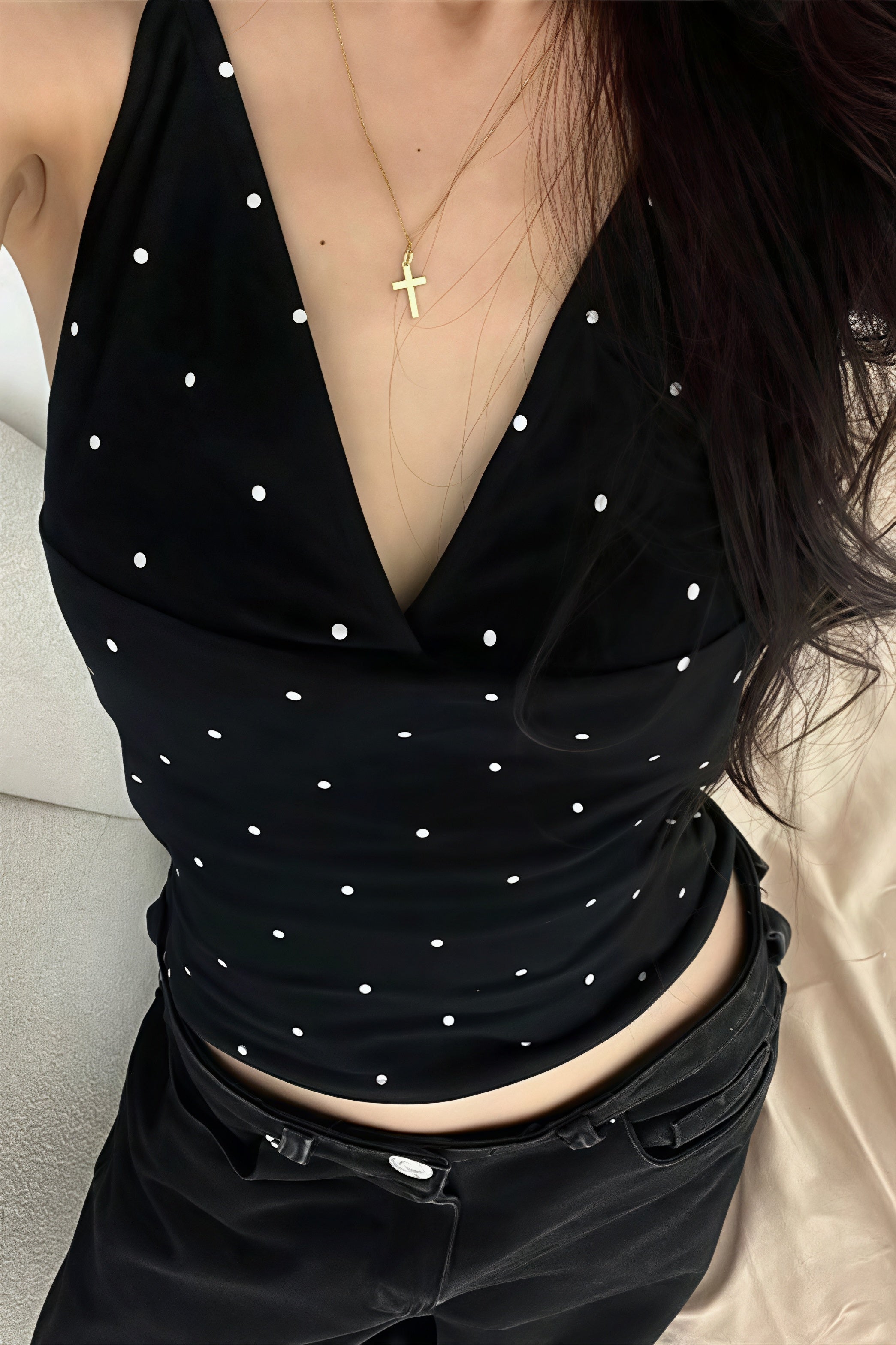 Polka Dot V Neck Cropped Halter Top image 4