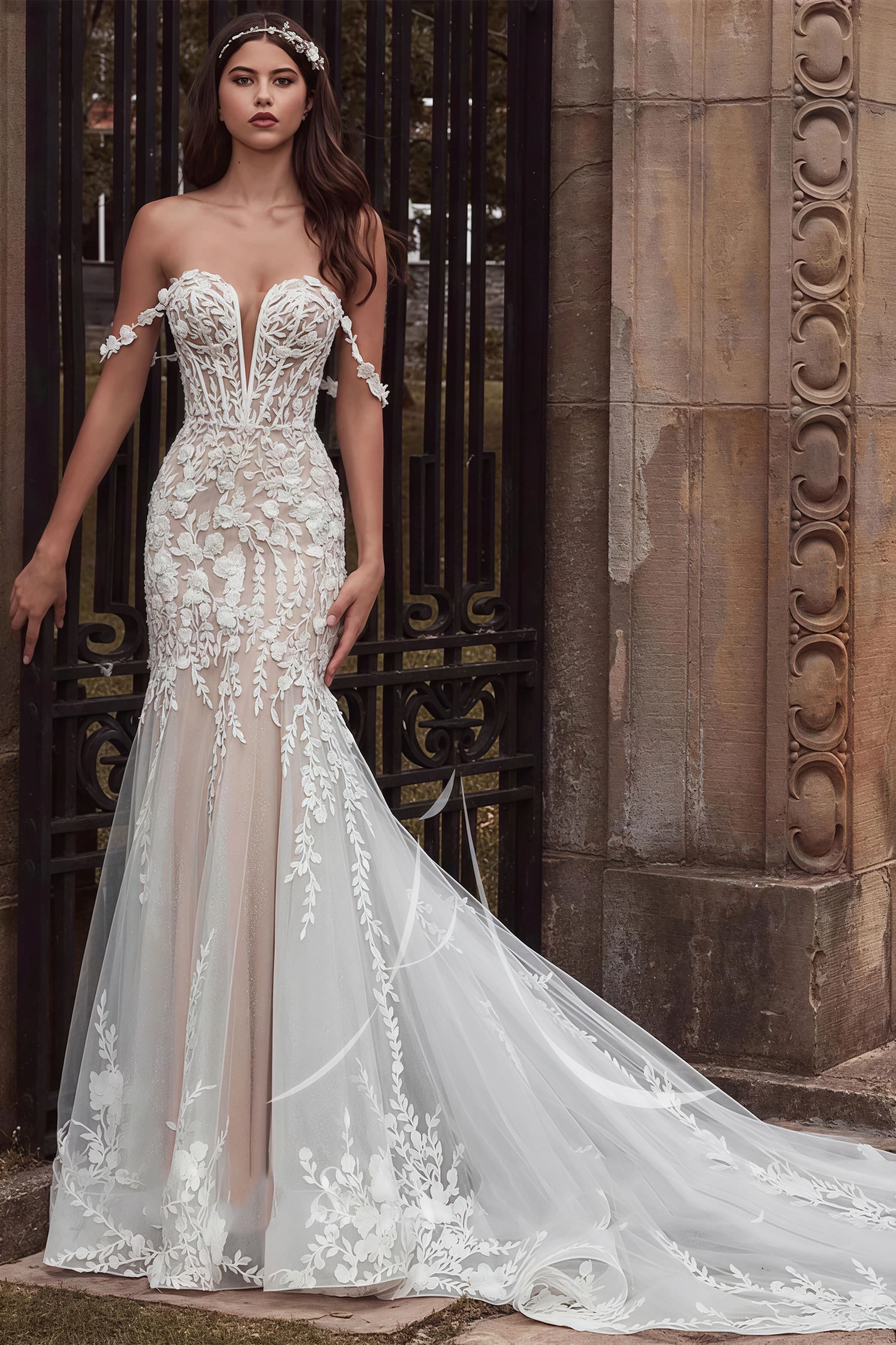 Mermaid Off Shoulder Lace Forest Train Wedding Dress image 1