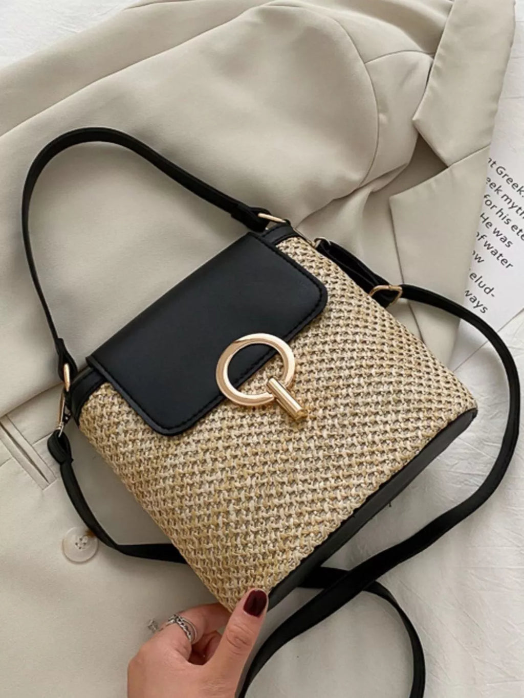 Naomi Straw Crossbody detail view styled for Avrienne