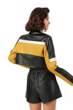Color-Block PU Leather Biker Jacket image 4
