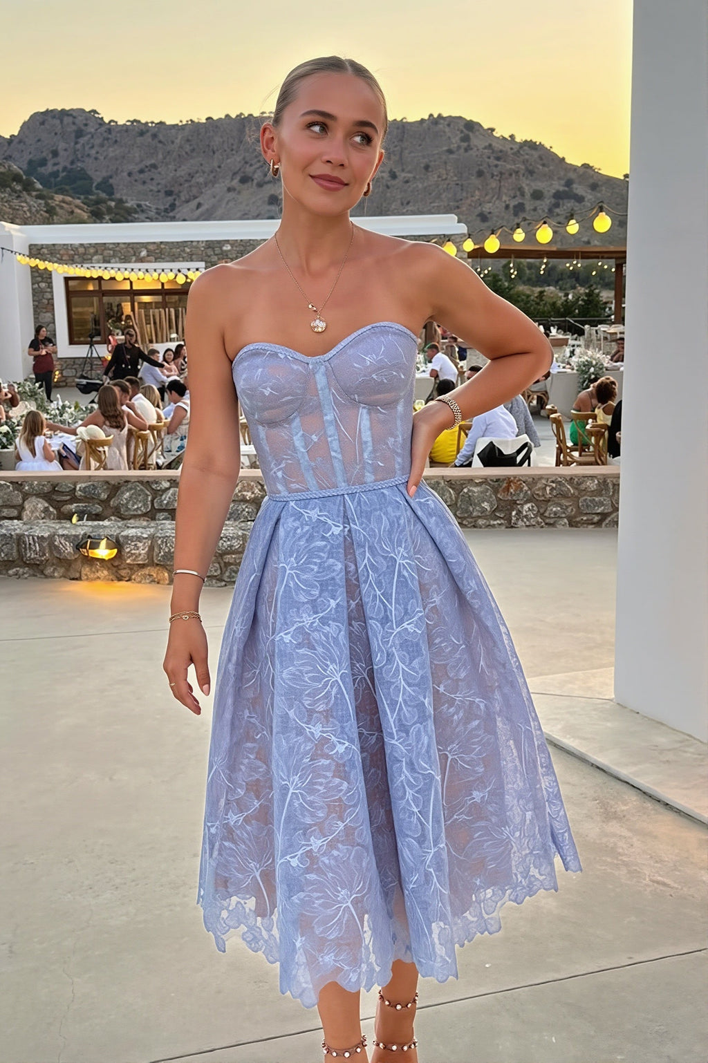 Elegant Lace Strapless Solid Midi Dress image 2