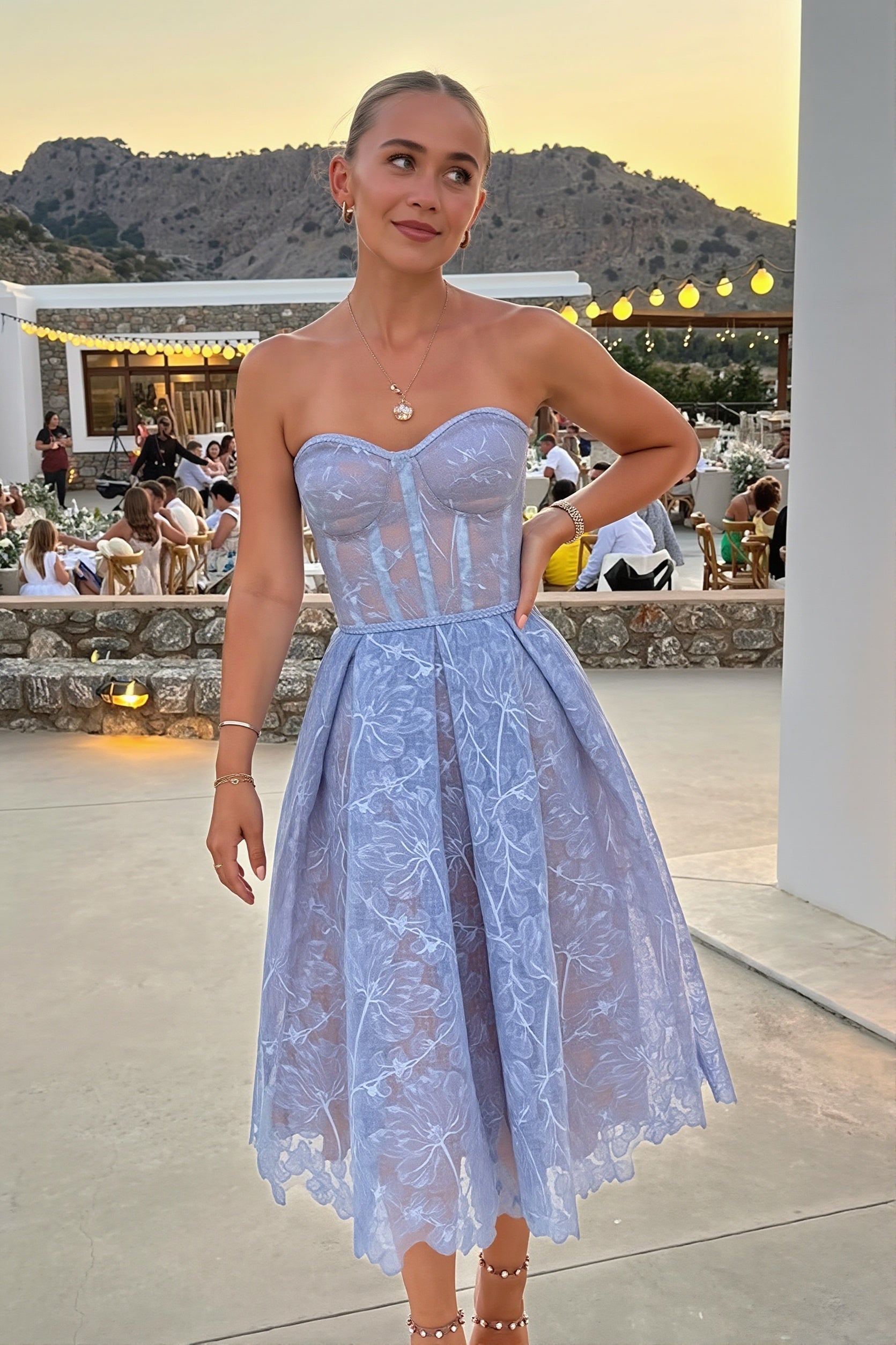 Elegant Lace Strapless Solid Midi Dress image 2