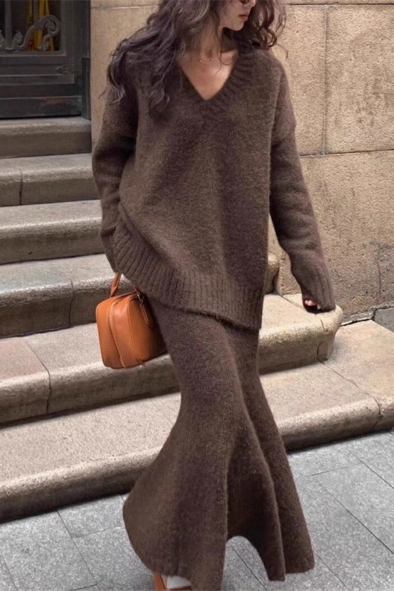 Lazy V-neck Knit Sweater Mermaid Skirt Two Piece Set image 1