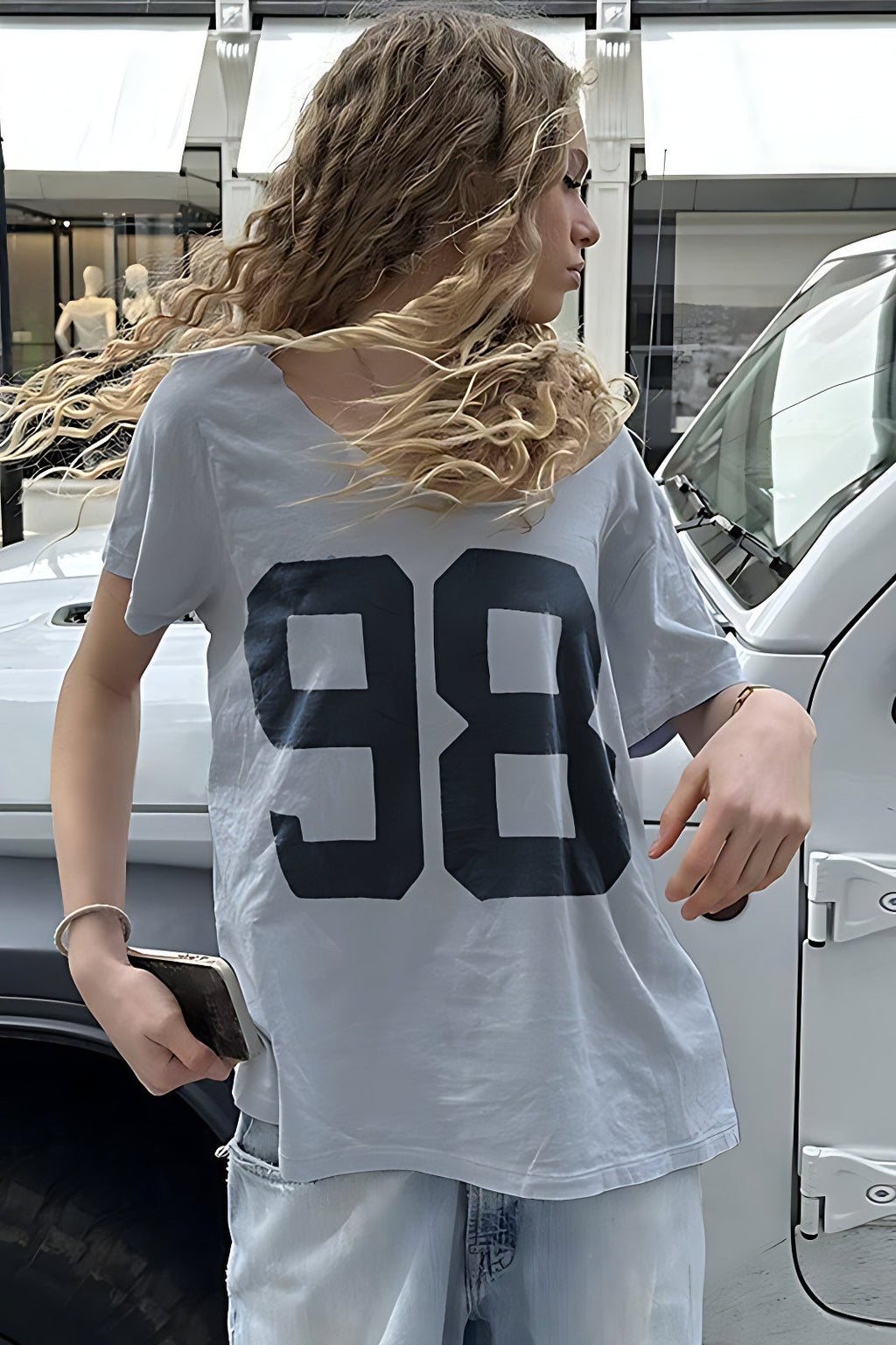 Casual Loose Number Print Off Shoulder Crew T-shirt image 2