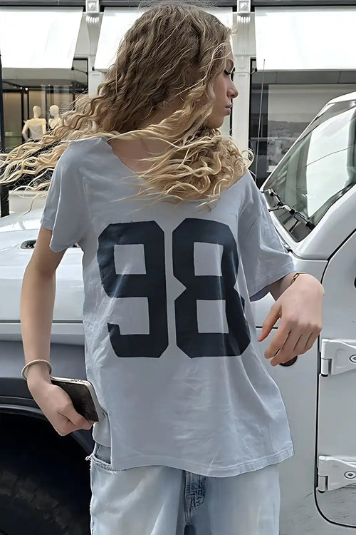 Casual Loose Number Print Off Shoulder Crew T-shirt image 2