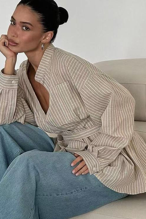 Striped V Neck Irregular Tie Waist Long Sleeve Blouse image 3