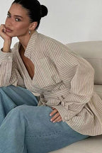 Striped V Neck Irregular Tie Waist Long Sleeve Blouse image 3