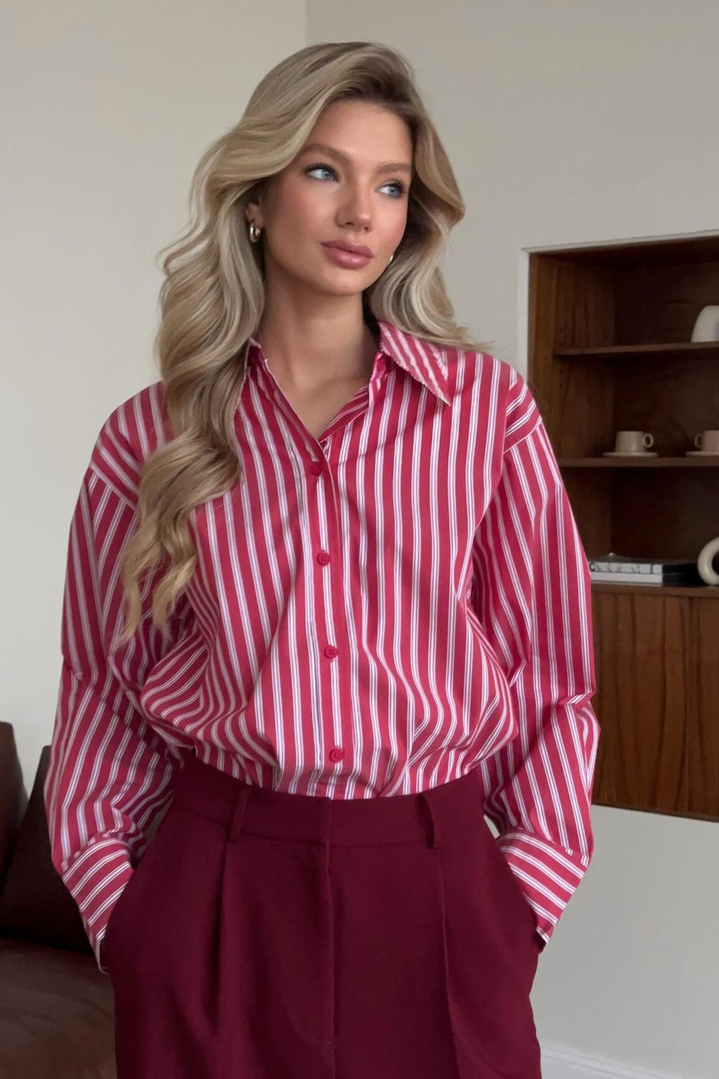 Red Striped Long Sleeve Distinctive British Blouse image 3
