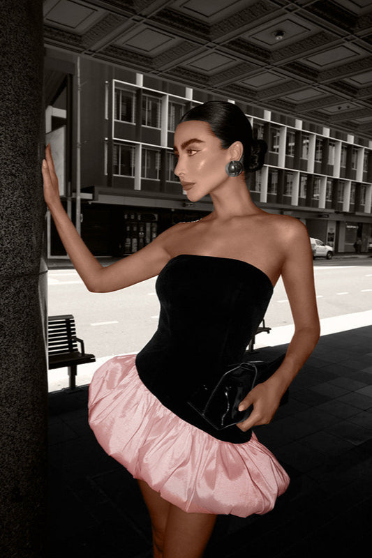Elegant Velvet Paneled Strapless Puff Mini Dress image 3