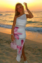 Mesh Asymmetrical Shoulder Slim Fit Maxi Dress image 4