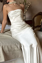 Chic Solid Satin Shirred Strapless Elegant Maxi Dress image 5