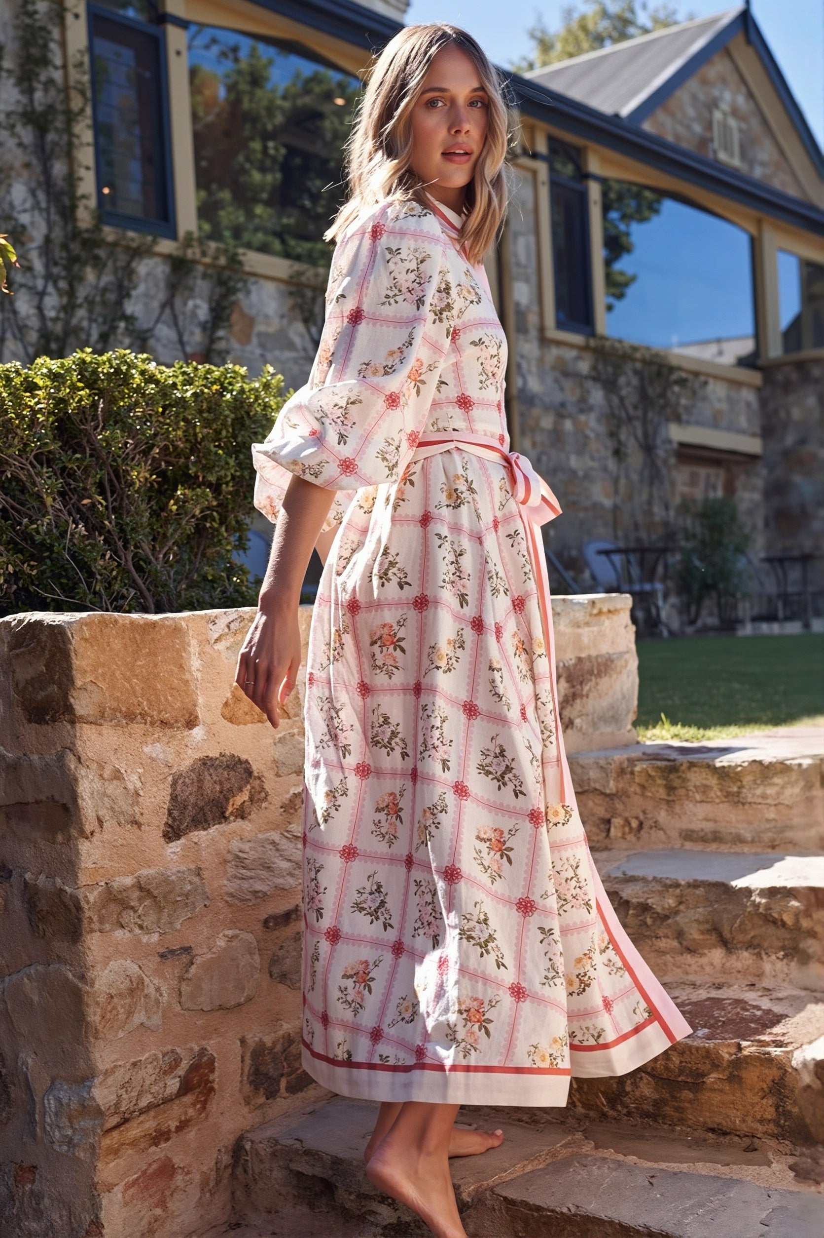 Linen Floral Tie Long Cardigan Boho Dress image 2