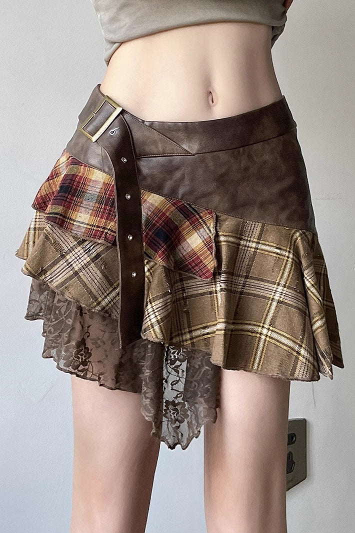 Post-Apoc Plaid Paneled V-Waist Mini Skirt image 1