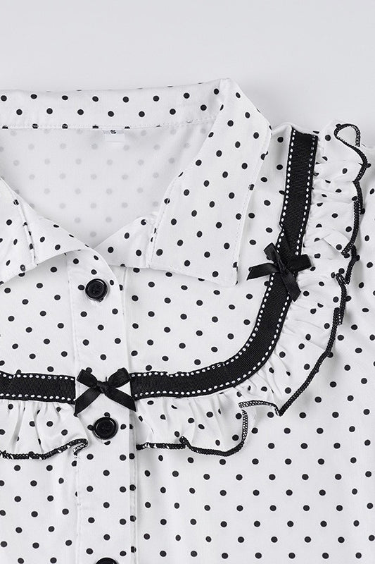 Lapel Button Bow Polka Dot Blouse image 4