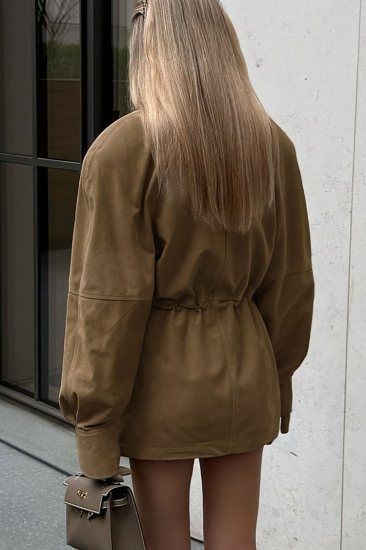 High Neck Cinched Waist Suede Jacket image 3