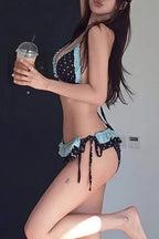 Polka Dot Ruffle Tie Backless Bikini Set image 3