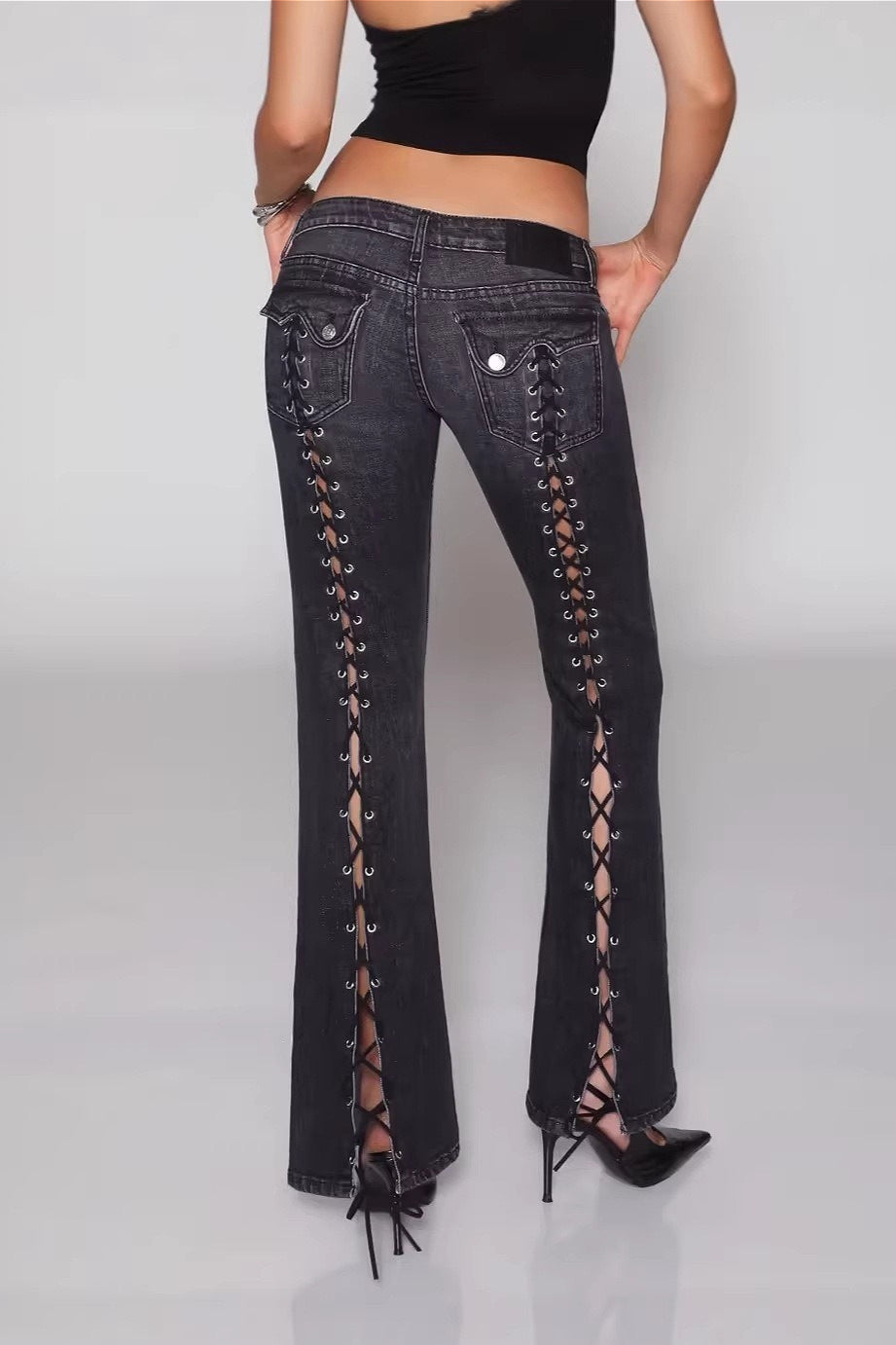 Open Back Lace Up Y2K Flare Jeans image 3