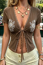 Casual Floral Lace Tie Short Sleeve Blouse image 5