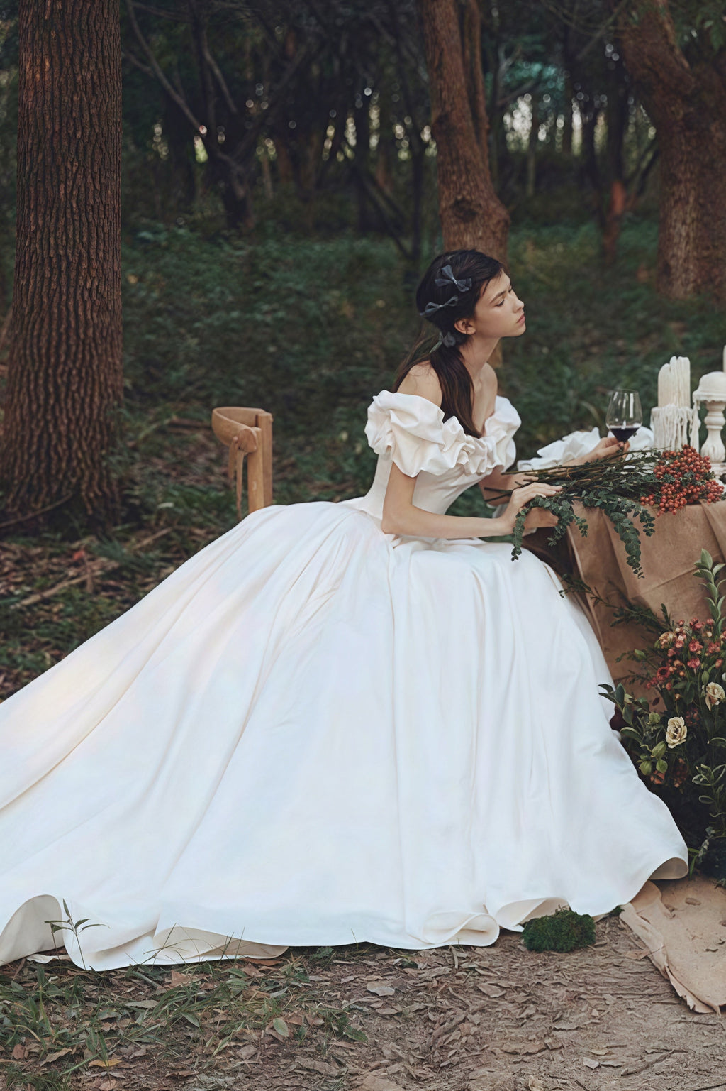 Simple Satin Off Shoulder Train Wedding Dress image 3