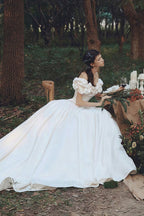 Simple Satin Off Shoulder Train Wedding Dress image 3
