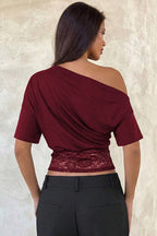 Asymmetric Off Shoulder Lace Waist Slim Crop T-shirt image 10