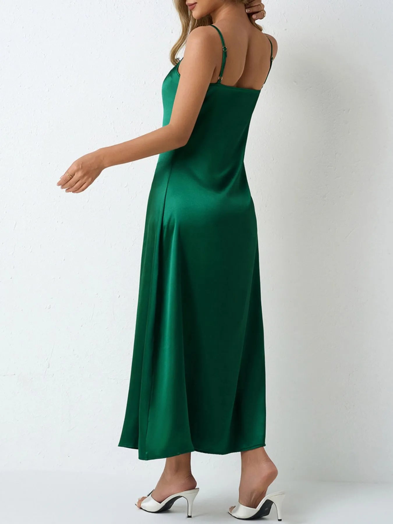 Paloma Satin Dress detail view styled for Avrienne
