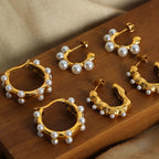 Vera Pearl Earrings detail view styled for Avrienne