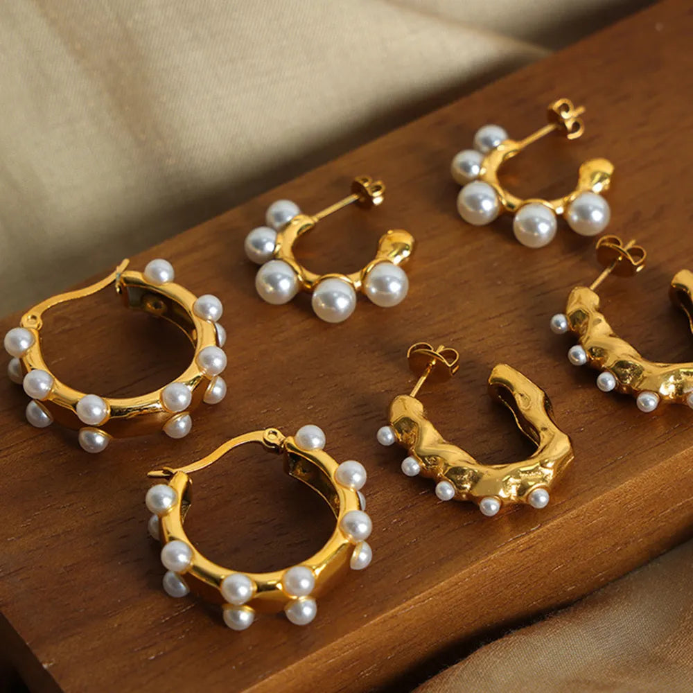 Vera Pearl Earrings detail view styled for Avrienne