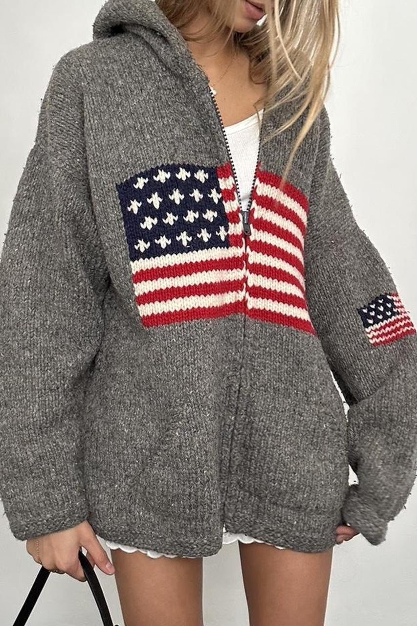 Chic Flag Graphic Knit Zippered Hoodie image 2