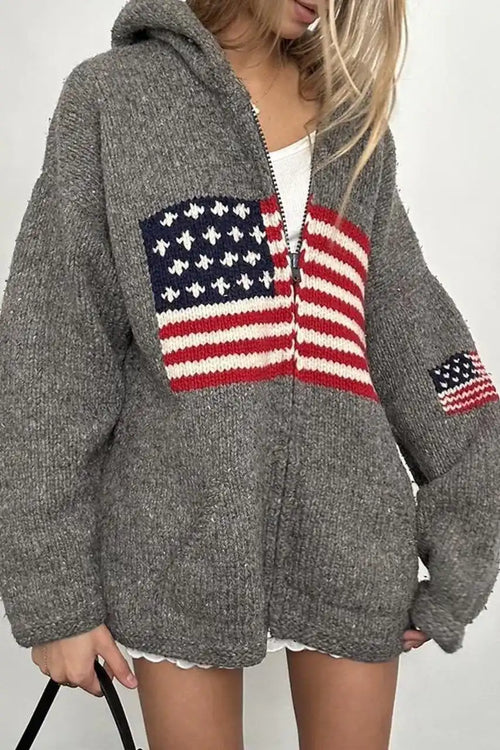 Chic Flag Graphic Knit Zippered Hoodie image 2