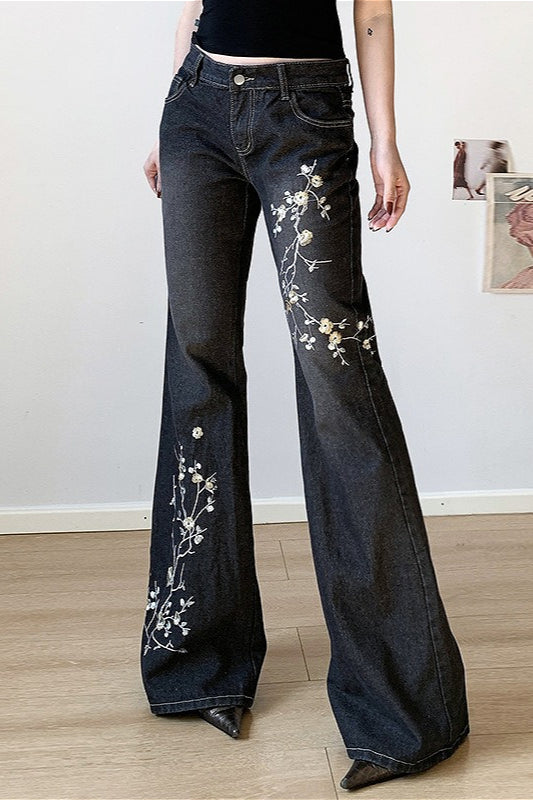 Plant Embroidered Low Waist Flare Jeans image 2