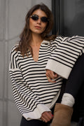 Striped Polo Neck Loose Fit Knit Sweater image 1