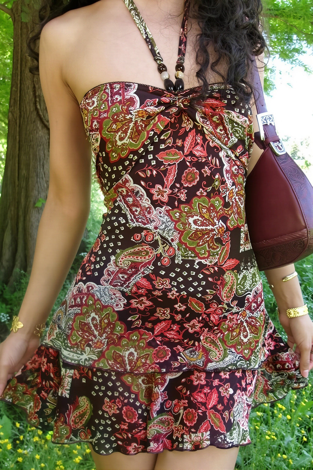 Retro Print Halter Wrap Mini Dress image 1
