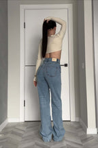 Asymmetric Elastic Waist Split Hem Denim Jeans image 6