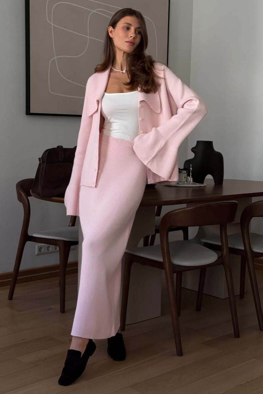 Bell-Sleeve Pink Polo Collar Cardigan Straight Skirt Two Piece Set image 1