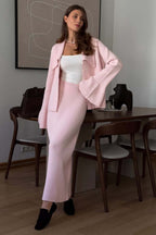 Bell-Sleeve Pink Polo Collar Cardigan Straight Skirt Two Piece Set image 1