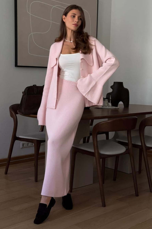 Bell-Sleeve Pink Polo Collar Cardigan Straight Skirt Two Piece Set image 1
