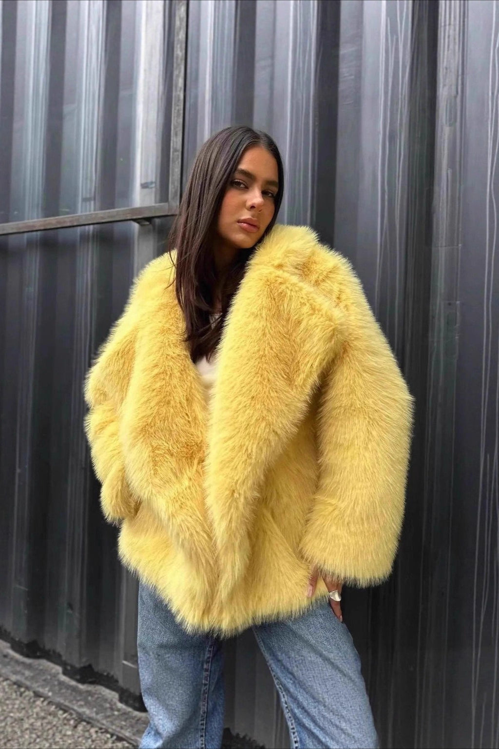 Yellow Faux Fur Open Front Coat image 2