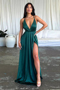 Satin V-Neck Waist-Cinching Split Dress Party Dress image 1