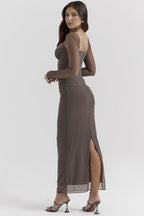 Mesh Lace Patchwork Boned Fitted High Slit Elegant Maxi Dress image 8