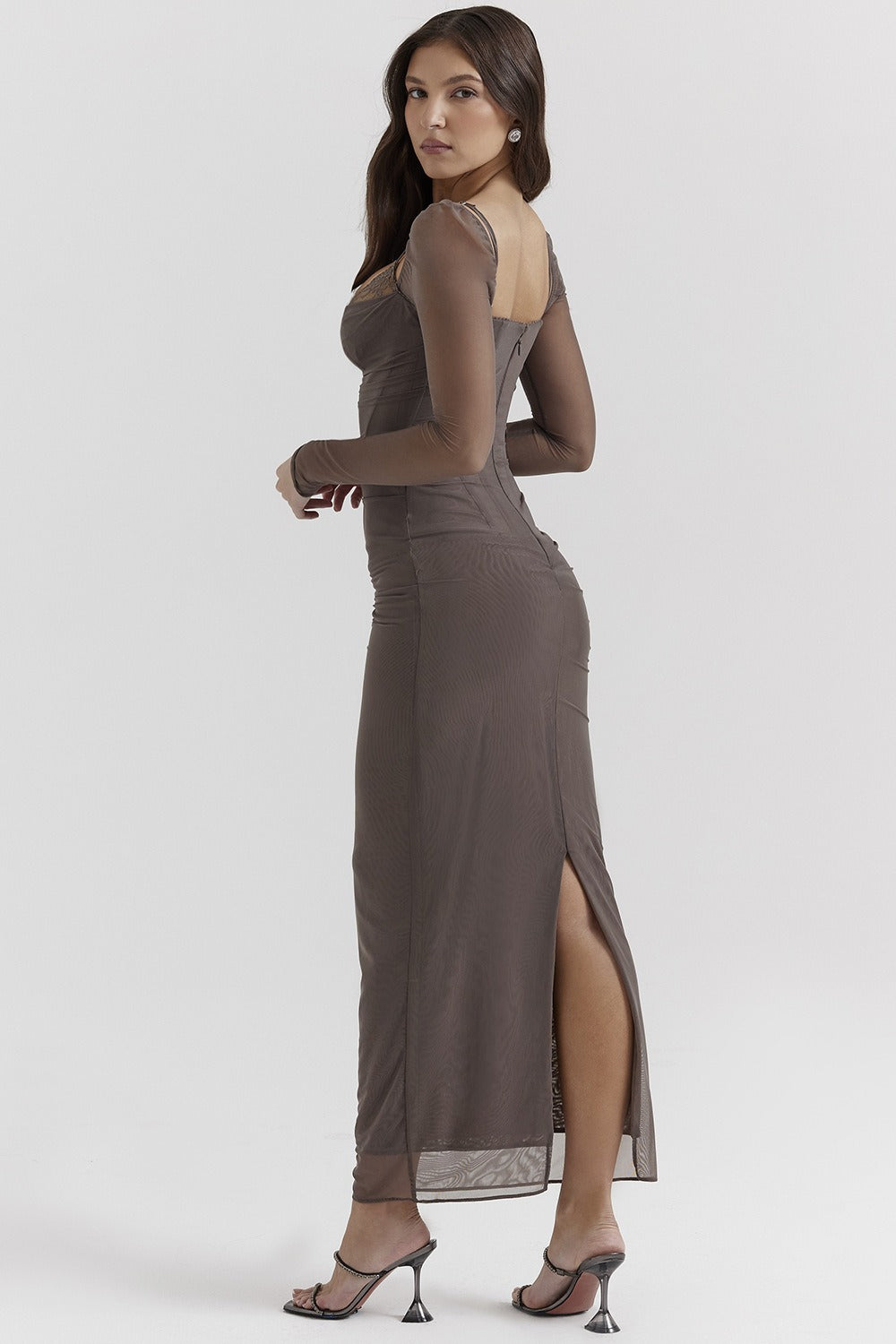 Mesh Lace Patchwork Boned Fitted High Slit Elegant Maxi Dress image 8