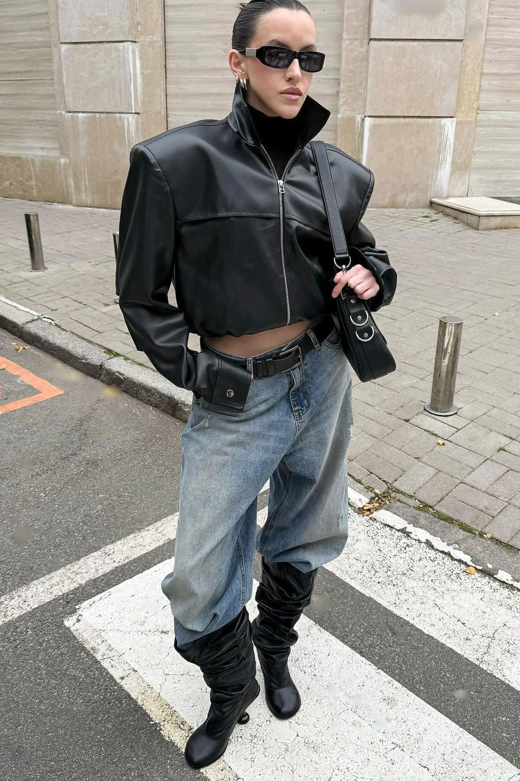 High Neck Leather Moto Jacket image 4