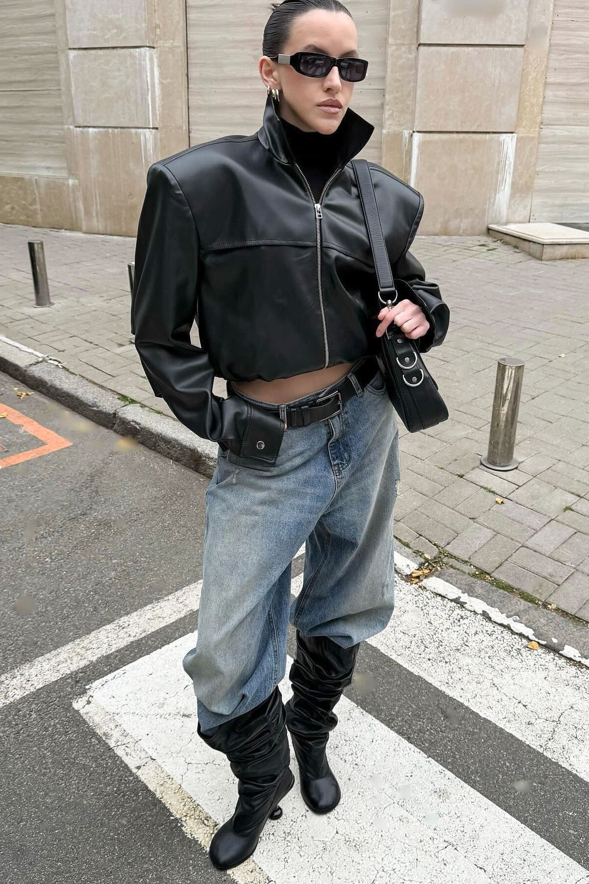 High Neck Leather Moto Jacket image 4