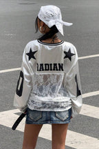 Lace Sheer V Neck Print Sweatshirt image 6