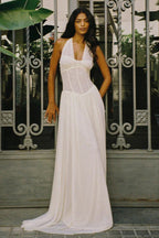 Solid Halter V Neck Boning Waist Mesh Maxi Dress image 8