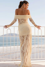 Chic Lace Trim Off Shoulder Long Sleeve Wrap Maxi Dress image 4