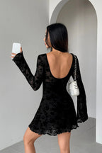 Flocked Floral Cutout Bow Long Sleeve Mini Dress image 4