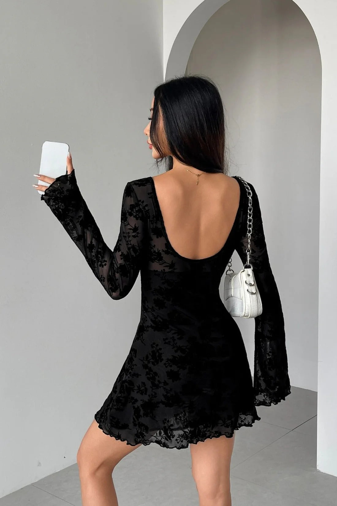 Flocked Floral Cutout Bow Long Sleeve Mini Dress image 4