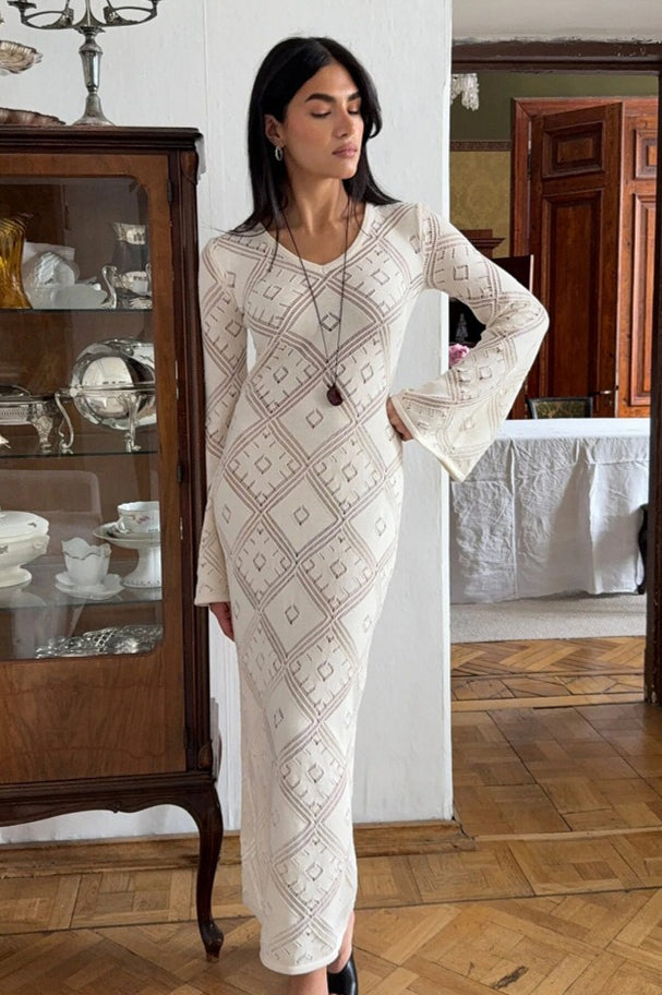 Knit Argyle Jacquard Long Sleeve Maxi Dress image 4
